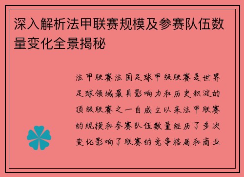 深入解析法甲联赛规模及参赛队伍数量变化全景揭秘