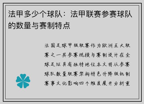 法甲多少个球队：法甲联赛参赛球队的数量与赛制特点
