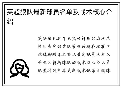 英超狼队最新球员名单及战术核心介绍